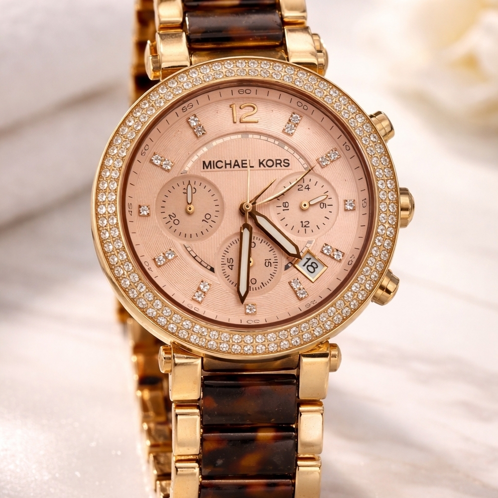 Michael Kors Women's Gold-Tone and Rose Gold Crystal Chronograph Watch